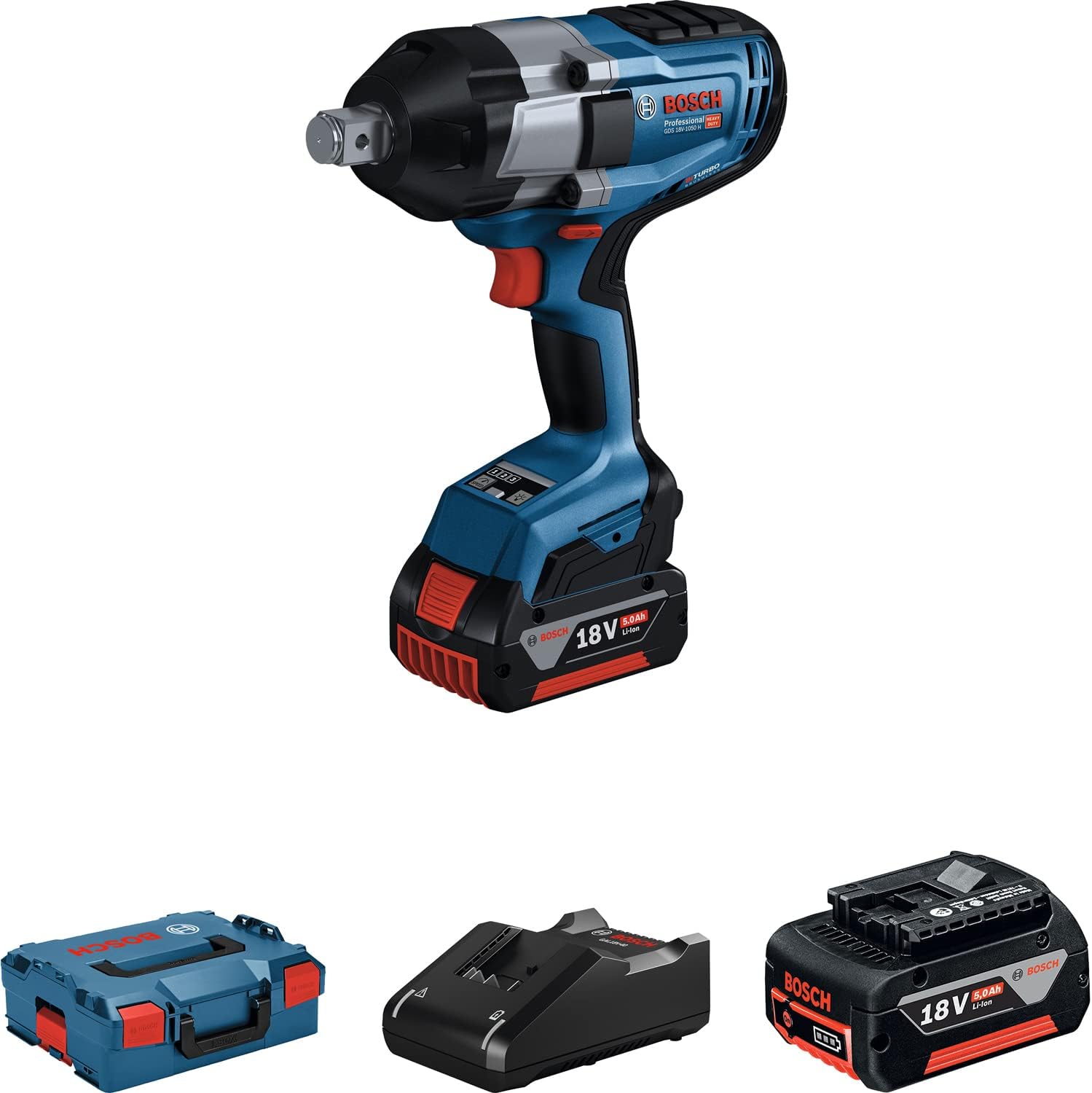 Bosch GDS 18V-1050 H Cordless Impact Wrench (18 Volt, 2 x 5.0 Ah Battery, Charger, L-Boxx Bag, 1.050 Nm max. torque, 3/4’’ square bit entry)