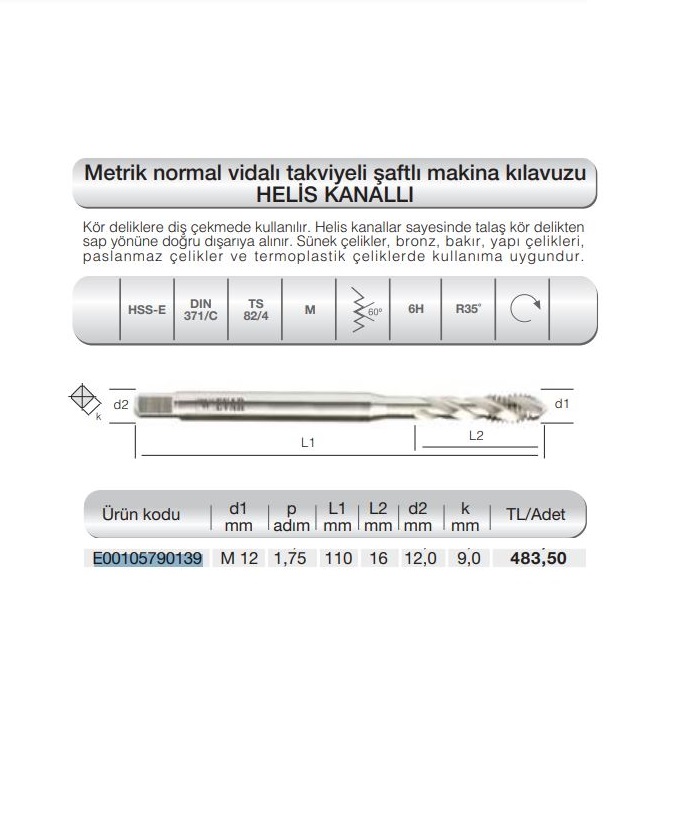 Evar HSS-E DIN 371/C M12 Helix 6H Machine Guide E00105790139